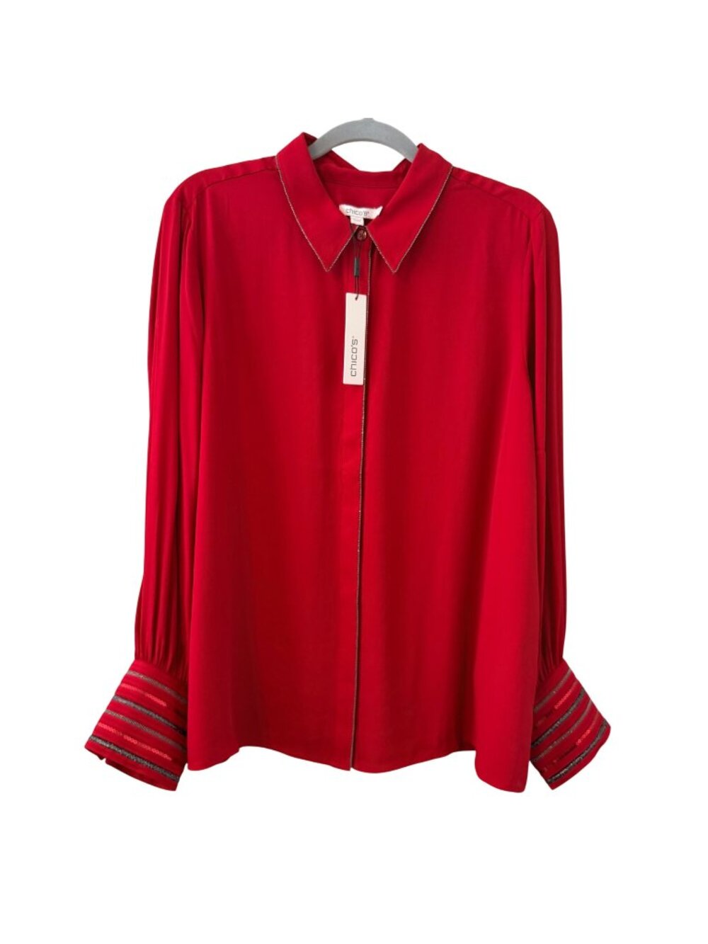 Chicos Red Allure Embellished Cuff Solid LS Fashion Top Size 18 Polyester Womens - Picture 1 of 12